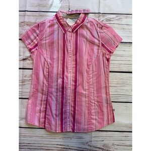 Izod Womens Pink Striped Short Sleeve Button Down Cotton Shirt Small S/P